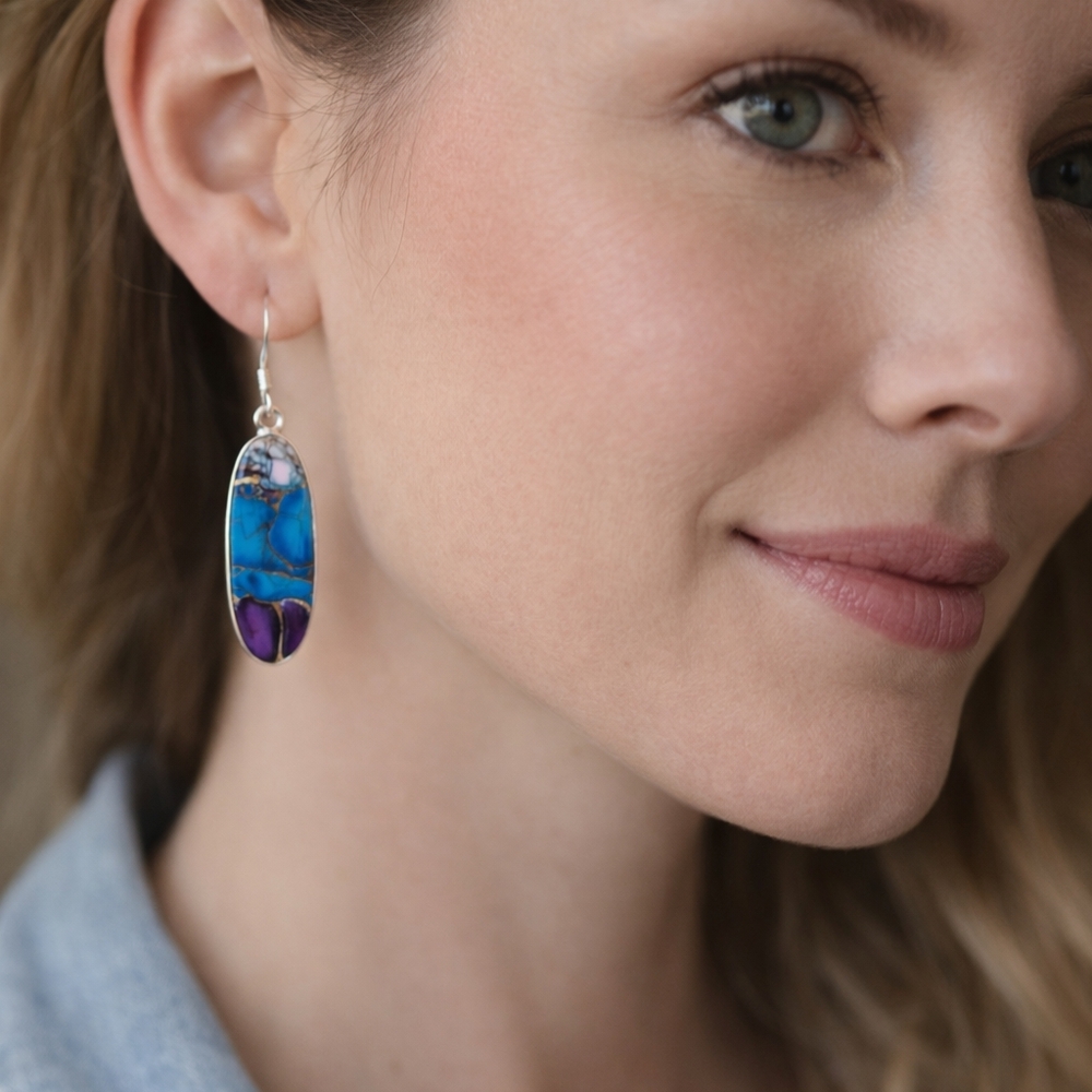 Blue & Purple Oval Inlay Drop Earrings 925 - Women Jewelry